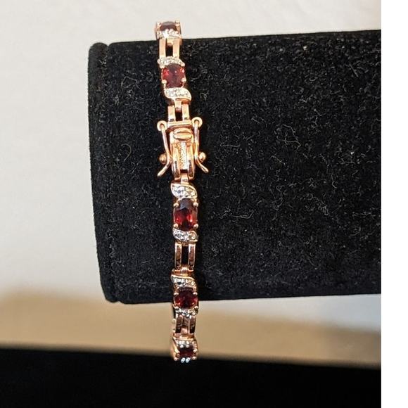 Genuine Garnet Rose Goldplated Diamond Accented Bracelet W/ Double Safety - Picture 5 of 6